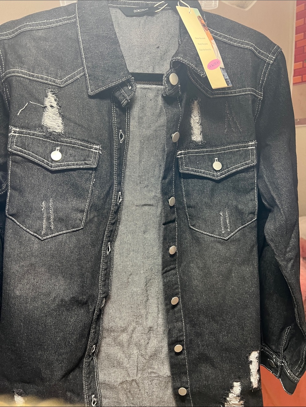Women’s Distressed Black Denim Jacket - Classic Trucker Style